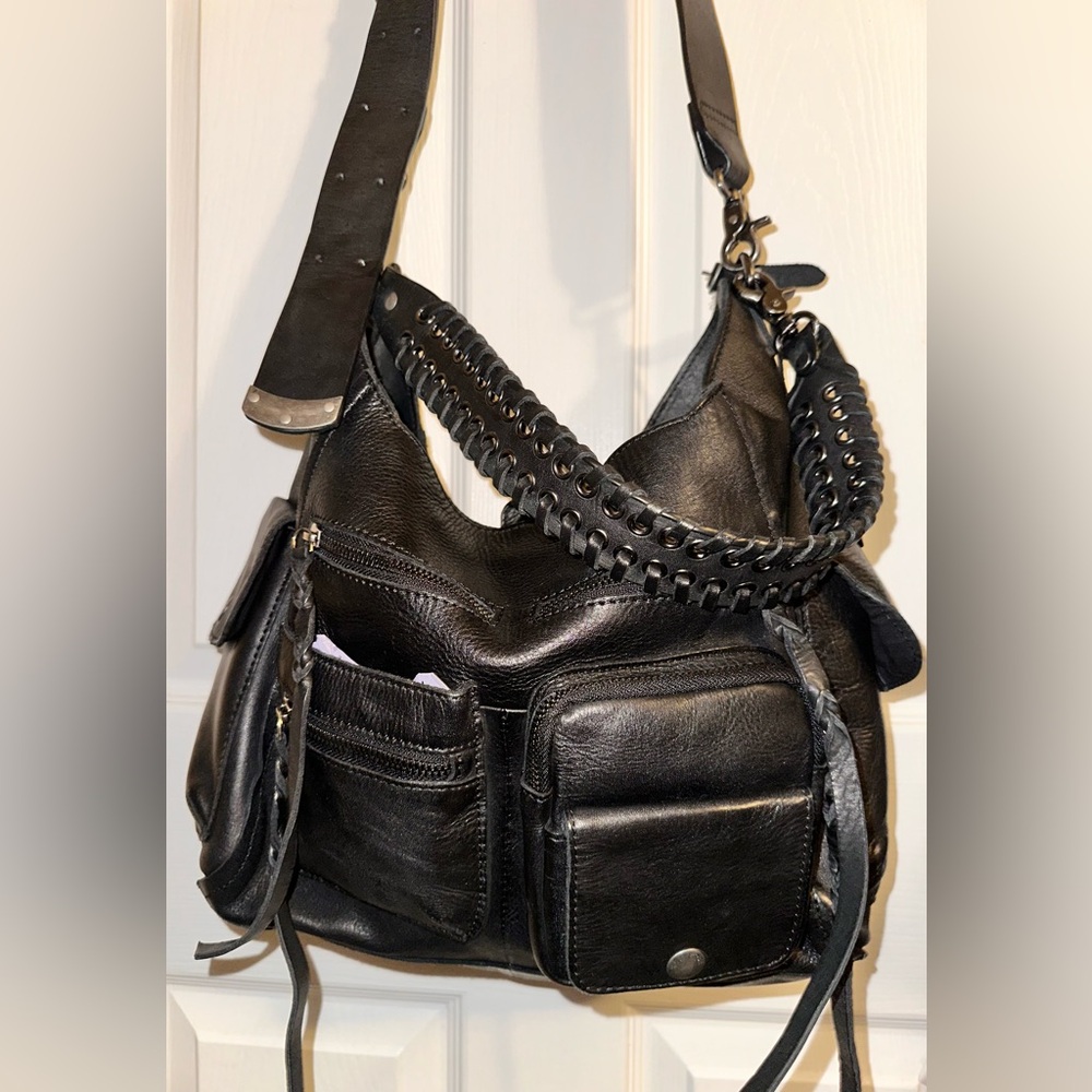 We The Free Black Leather Shoulder Bag with Braided Strap and Long Strap